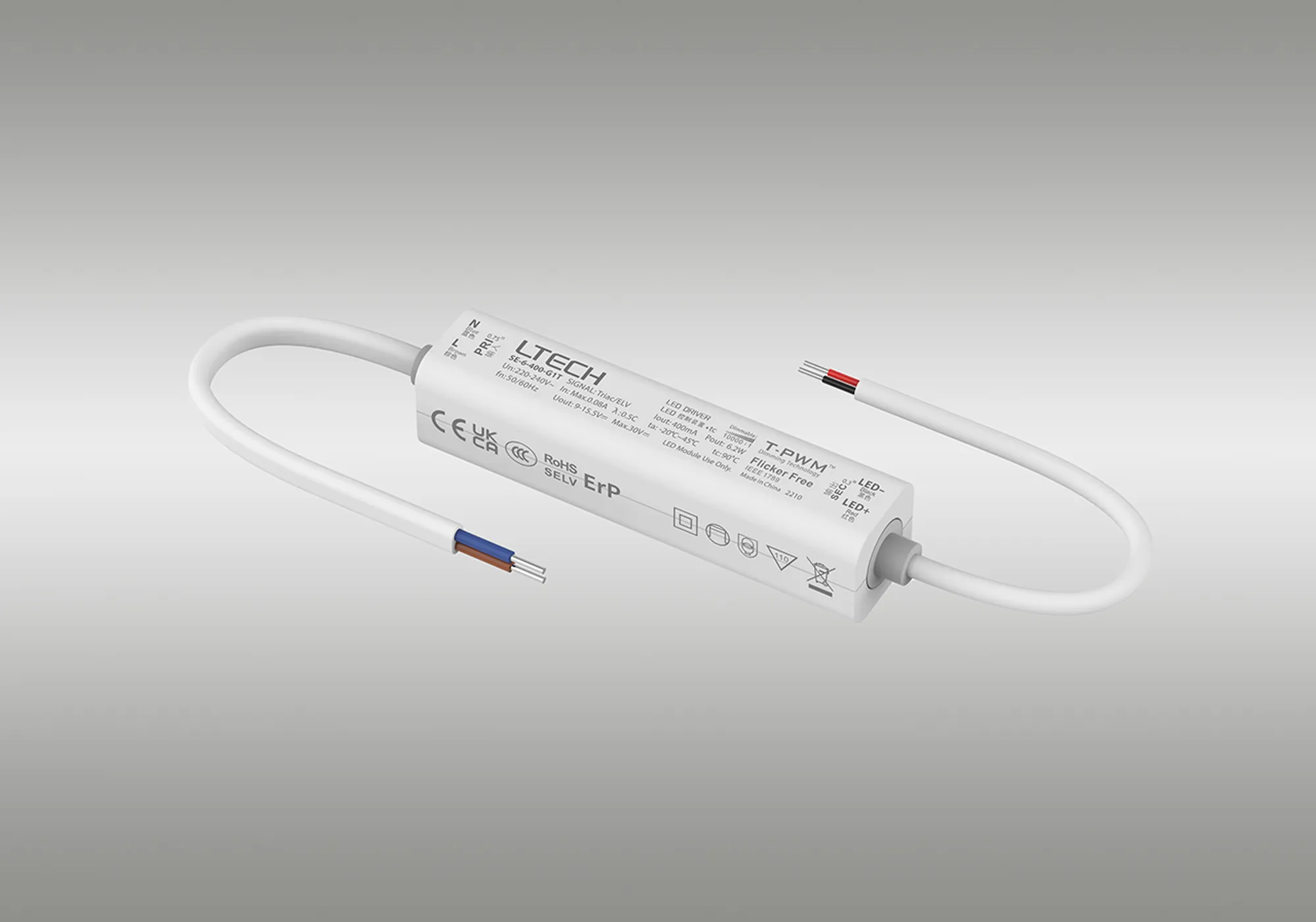 Triac/ELV, PWM,6W, C. Current Dimmable Driver, 400mA, DC:9-42Vdc, EFF>70%, IP20. SE-6-400-G1T  LTECH Triac Constant Current